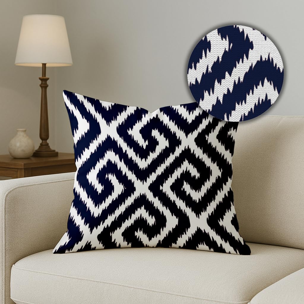 Elegant Blue & White Ikat Geometric Polycotton Cushion Covers Set of 5 (16x16) | Sofa & Living Room Decor Throw Pillow Covers