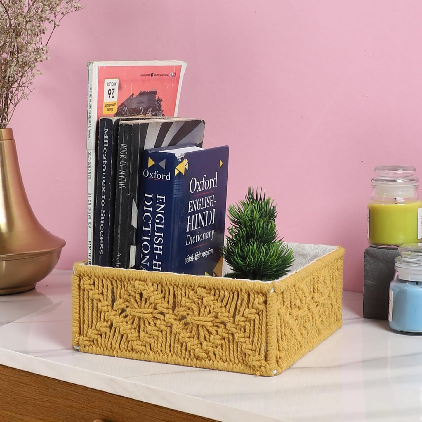 Mustard Woven Cotton Basket – Sustainable Handcrafted – 8x8x3 Inch