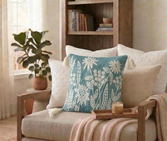 Green Florets Embroidered Cushion Cover – Decorative Pillow Case – Slub Cotton with Tassels – 16x16 Inch (40x40 cm)