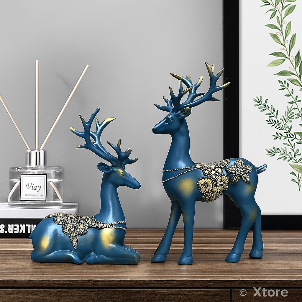 Creative Golden Resin Handcrafted Lifelike Reindeer Sculptures Figurines (Pack of 2, Blue) | Home Office Decor Gift