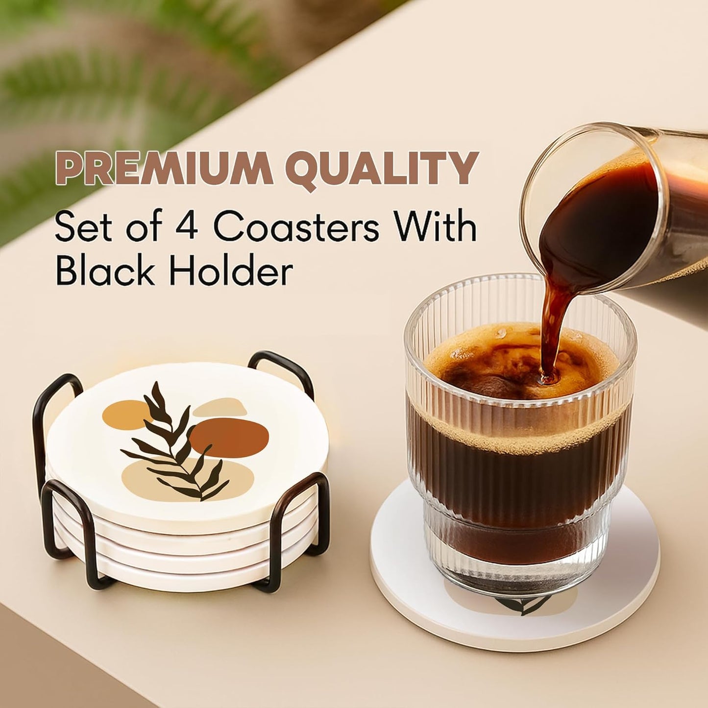 Marble Ceramic Coasters Matt Finish & Cork Base | Set of 6 with Metal Holder for Drinks, Coffee, Tea, Housewarming Gifts