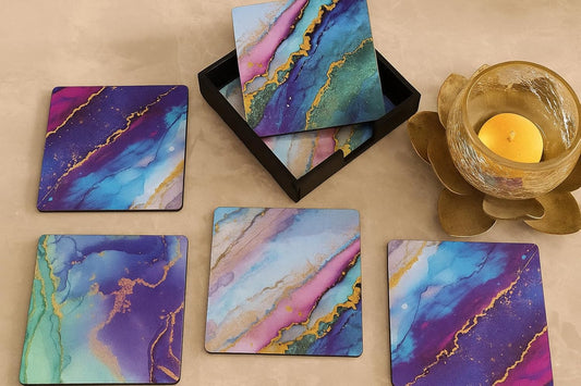 Elegant Ice Stone Tea Coasters Set of 6 with Stand | Beautiful Design for Cups, Mugs & Glasses, Home Decor & Gifting