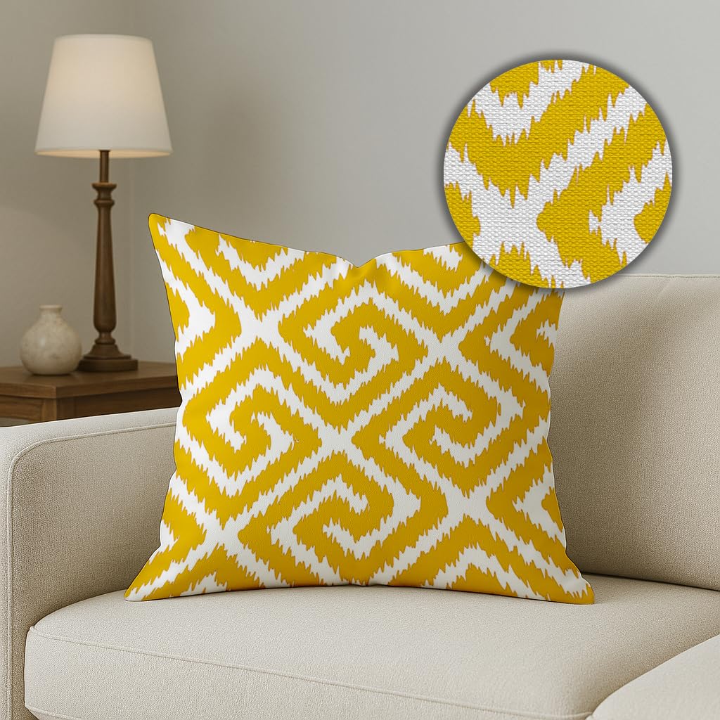 Elegant Yellow & White Ikat Geometric Polycotton Cushion Covers Set of 5 (16x16) | Sofa Pillow Shams, Living Room Decor