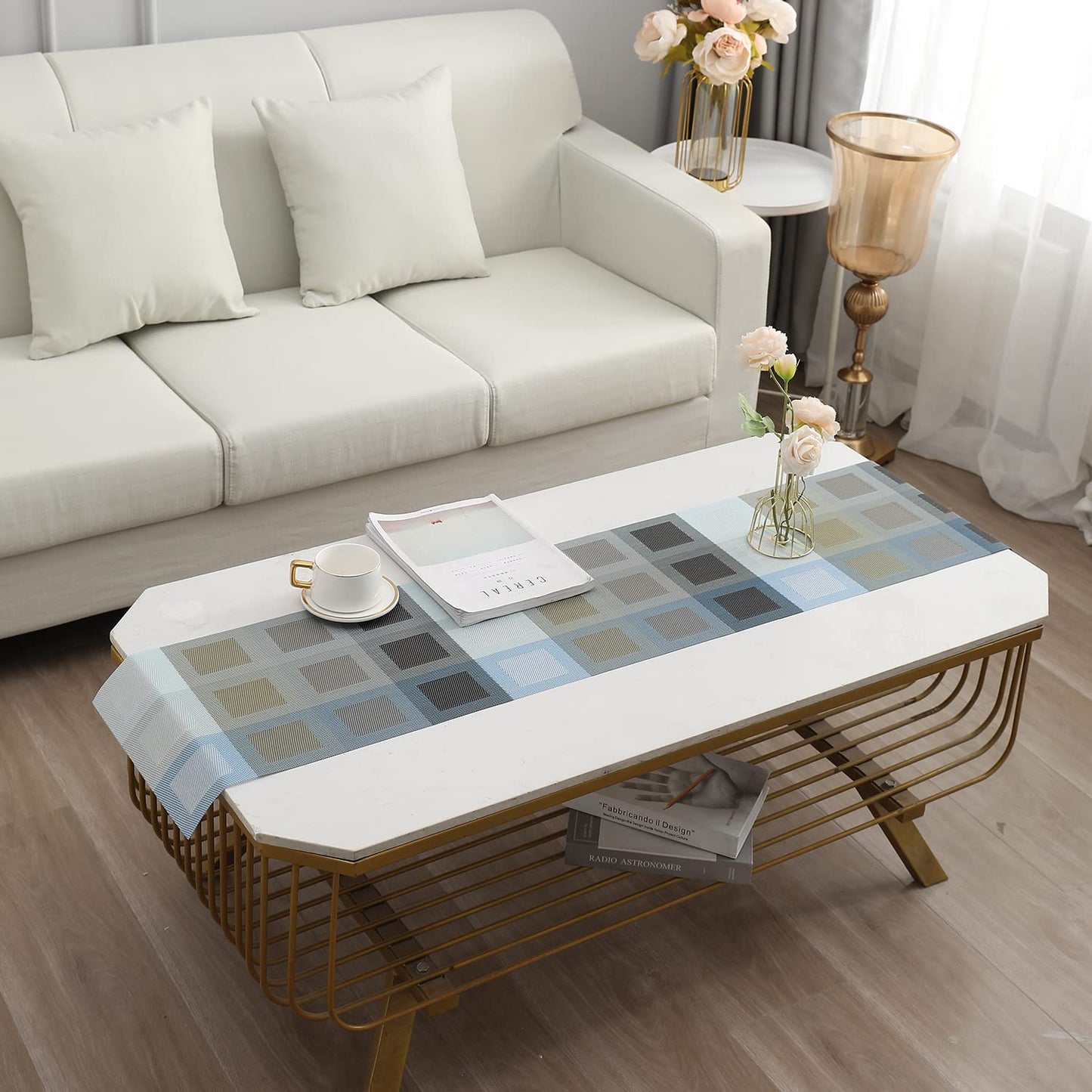 Grey Grid Design Polyester Blend Table Runner, 30x135 cm | Dinner, Coffee, Centre, Side, Dining Table