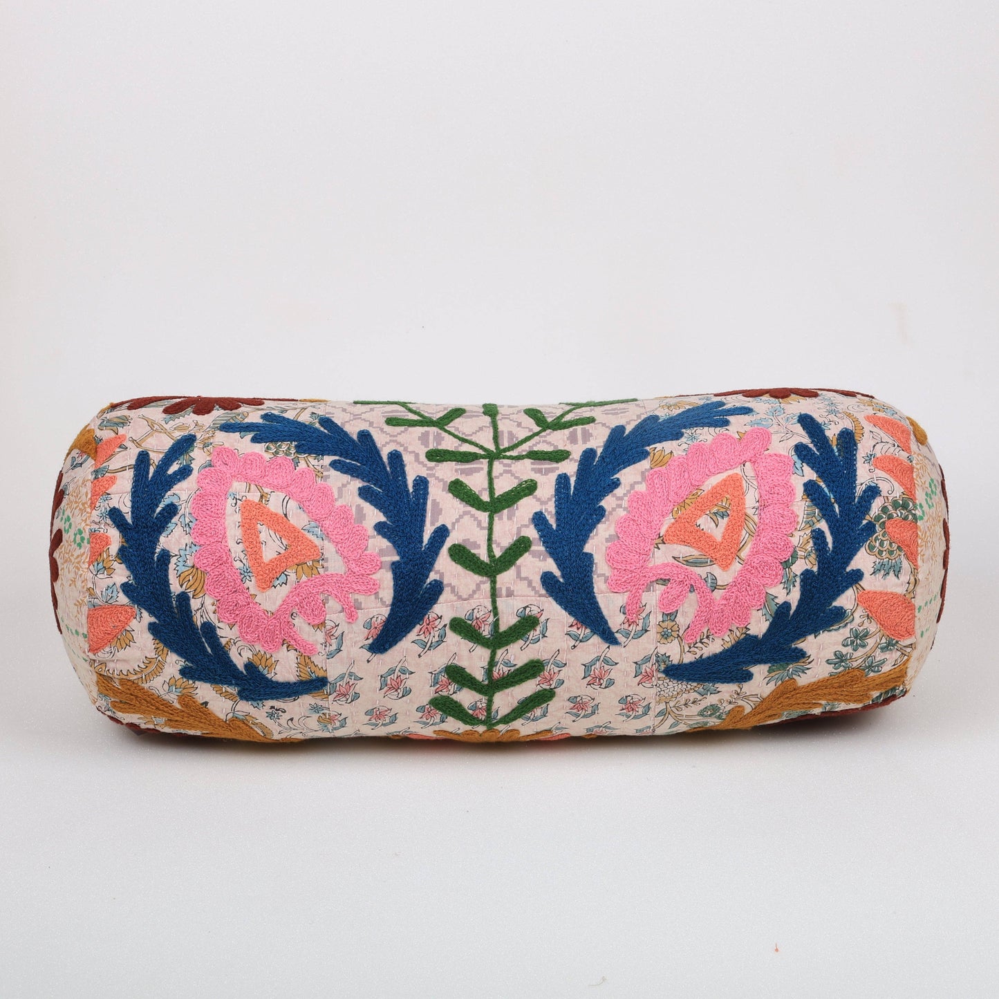 Floral Embroidered Cotton Bolster Cushion Multicolor 53 x 20