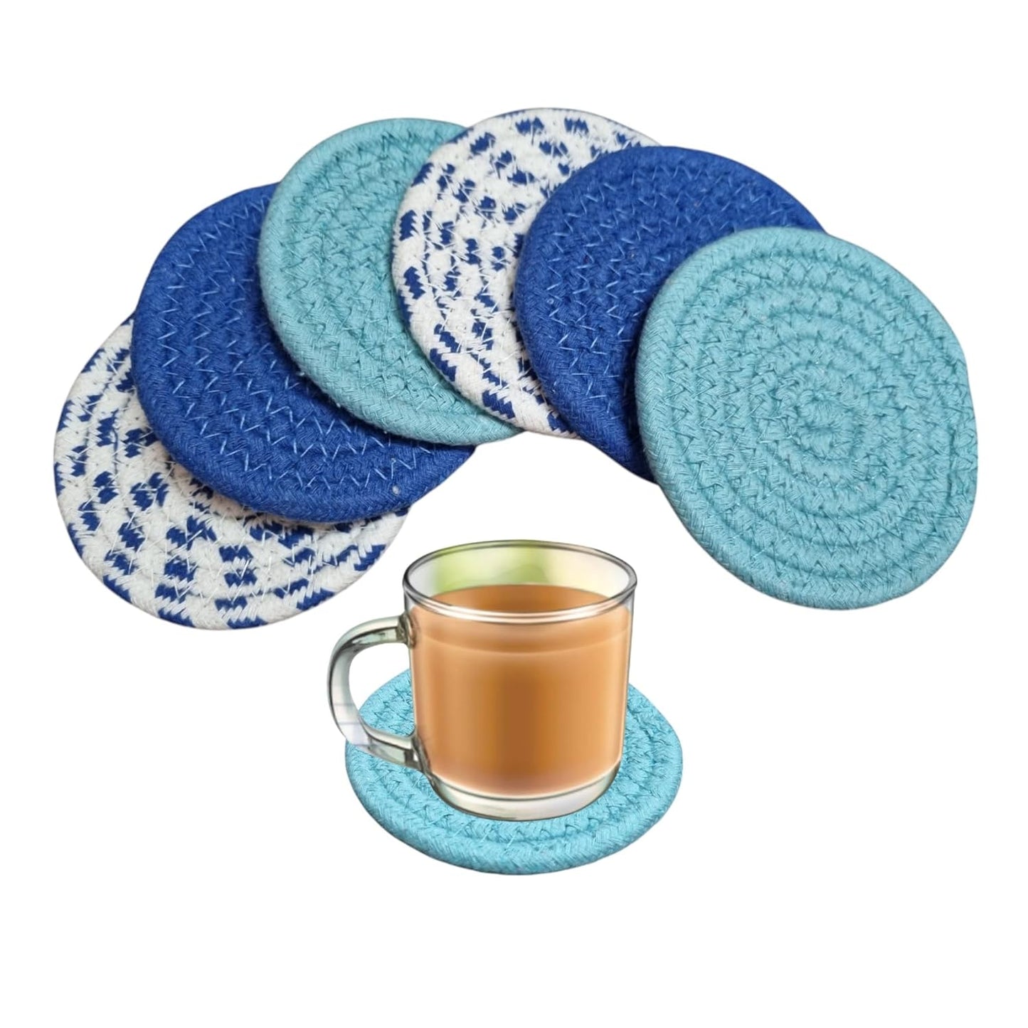 Teal Blue Cotton Round Absorbent Drink Coasters (Set of 6, 10cm) | Table Mats for Hot & Cold Drinks, Kitchen, Dining