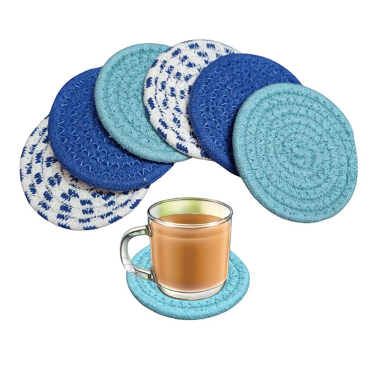 Teal Blue Cotton Round Absorbent Drink Coasters (Set of 6, 10cm) | Table Mats for Hot & Cold Drinks, Kitchen, Dining