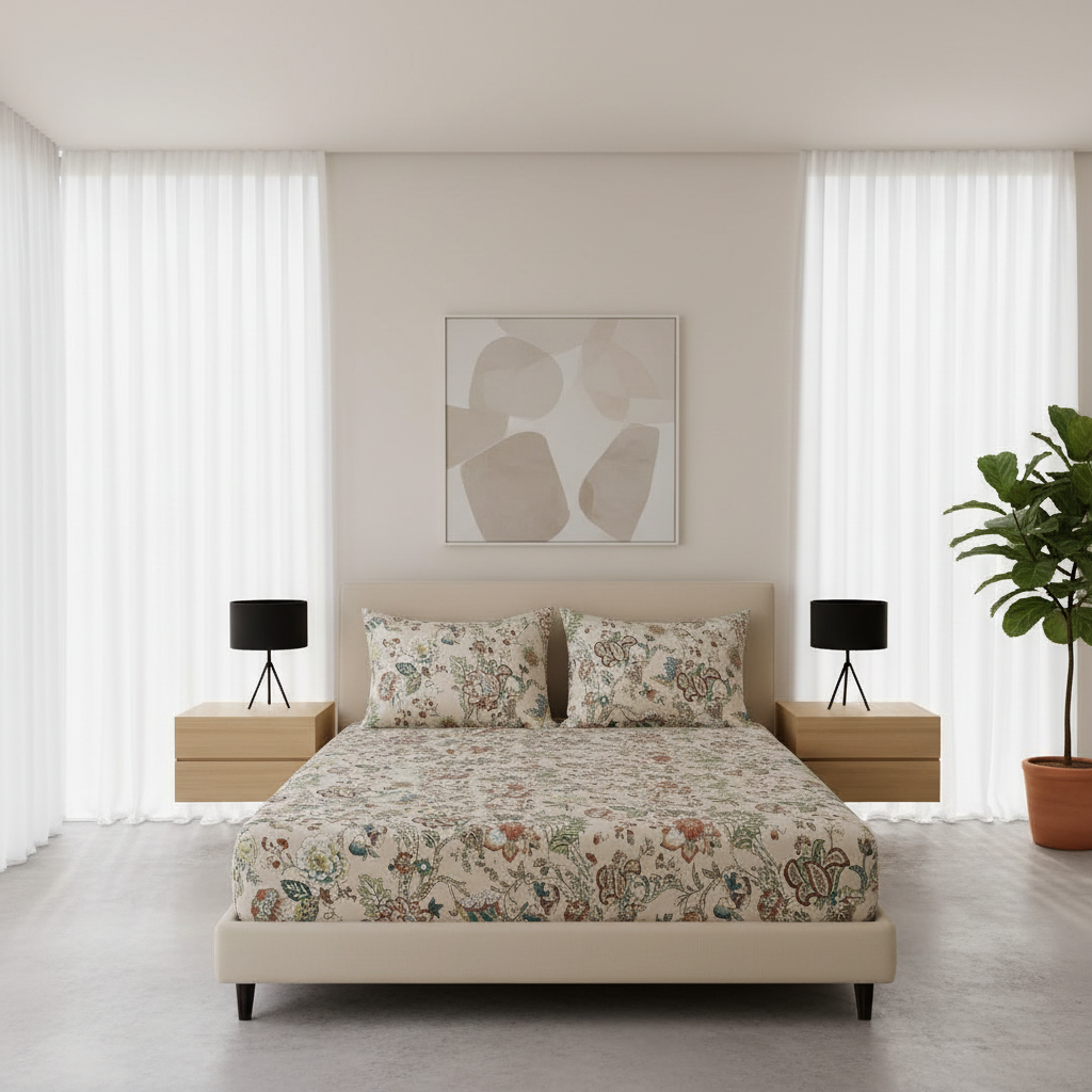 Bedsheet | Cotton 144TC Fitted Printed | King Size, 3-Piece | ISO Certified
