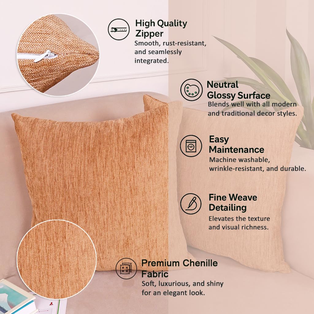 Soft Velvet-Feel Textured Dark Beige Chenille Cushion Covers Set of 2 – 16x16 Inches | Durable Machine Washable Sofa Couch Bed Decor