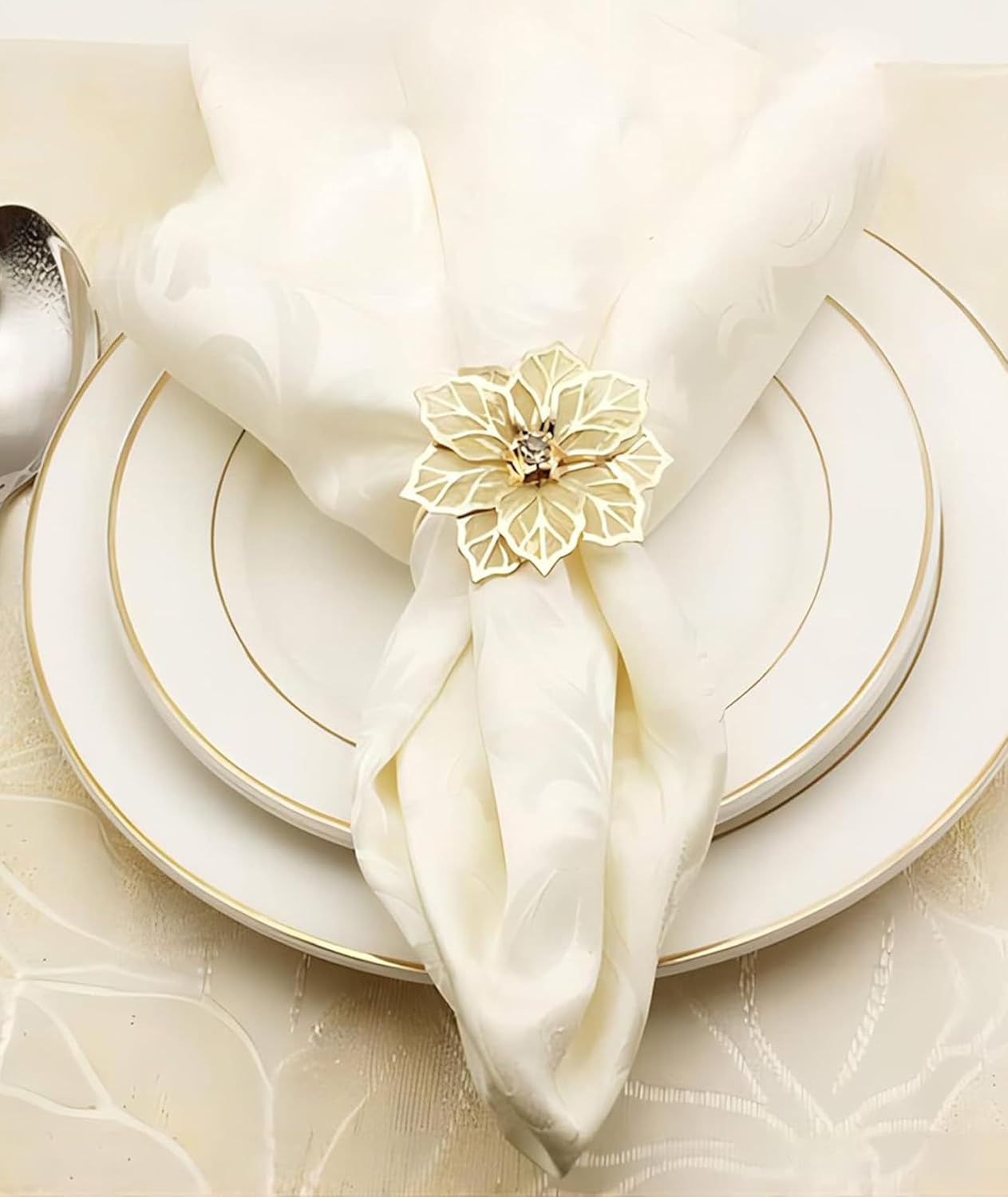 Gold Floral Napkin Rings – Table Setting Accessory – Intricate Floral Design – Set of 6