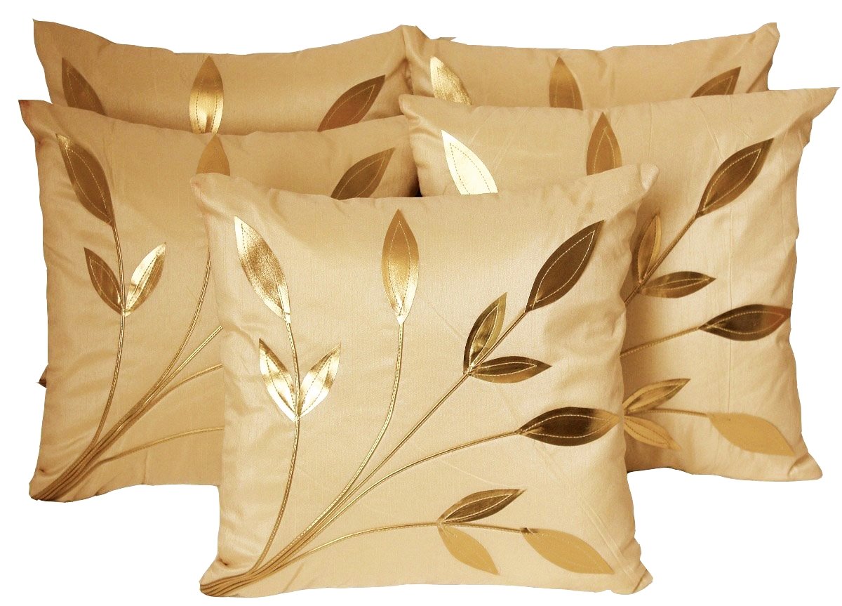 Ethnic Traditional Golden Floral Dupion Silk Cushion Covers 16x16 Inch Set of 5 | Decorative Sofa Pillow Cases Home Decor