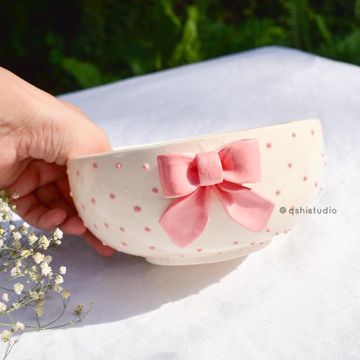 Ceramic Breakfast Bowl – Pink Bow Design – Handcrafted Pottery – 450 ml