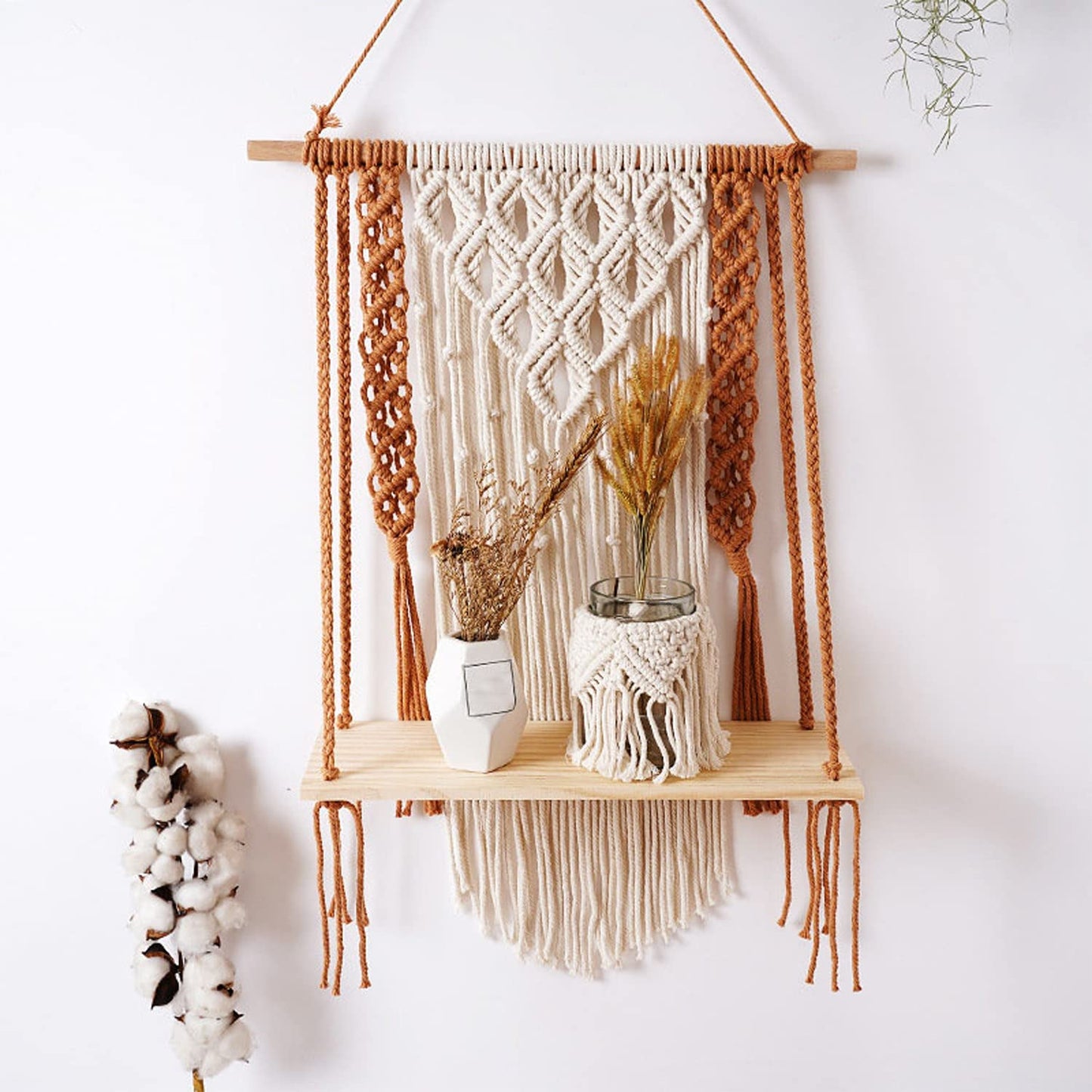Macrame Wall Display Shelf – Cotton Rope & Wood – 12x5x24CM