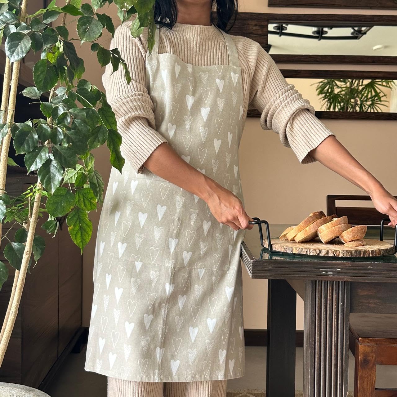 Ensemble de linge de cuisine – Tablier, maniques, dessous de plat – 100 % coton, lavable en machine – 3 pièces