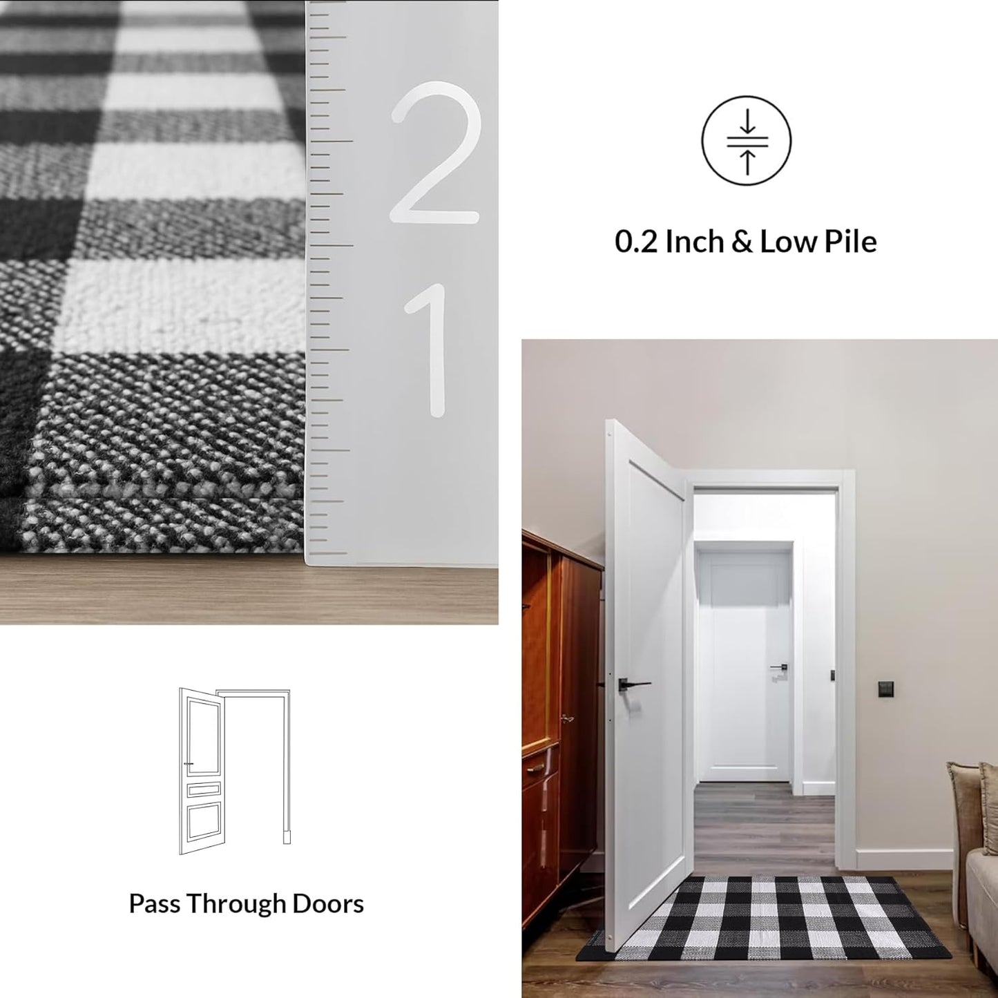 Buffalo Plaid Cotton Rug Runner - Hand Woven Washable Check Floor Mat (Black & White, 2x6 ft) | Farmhouse Entryway Kitchen Decor