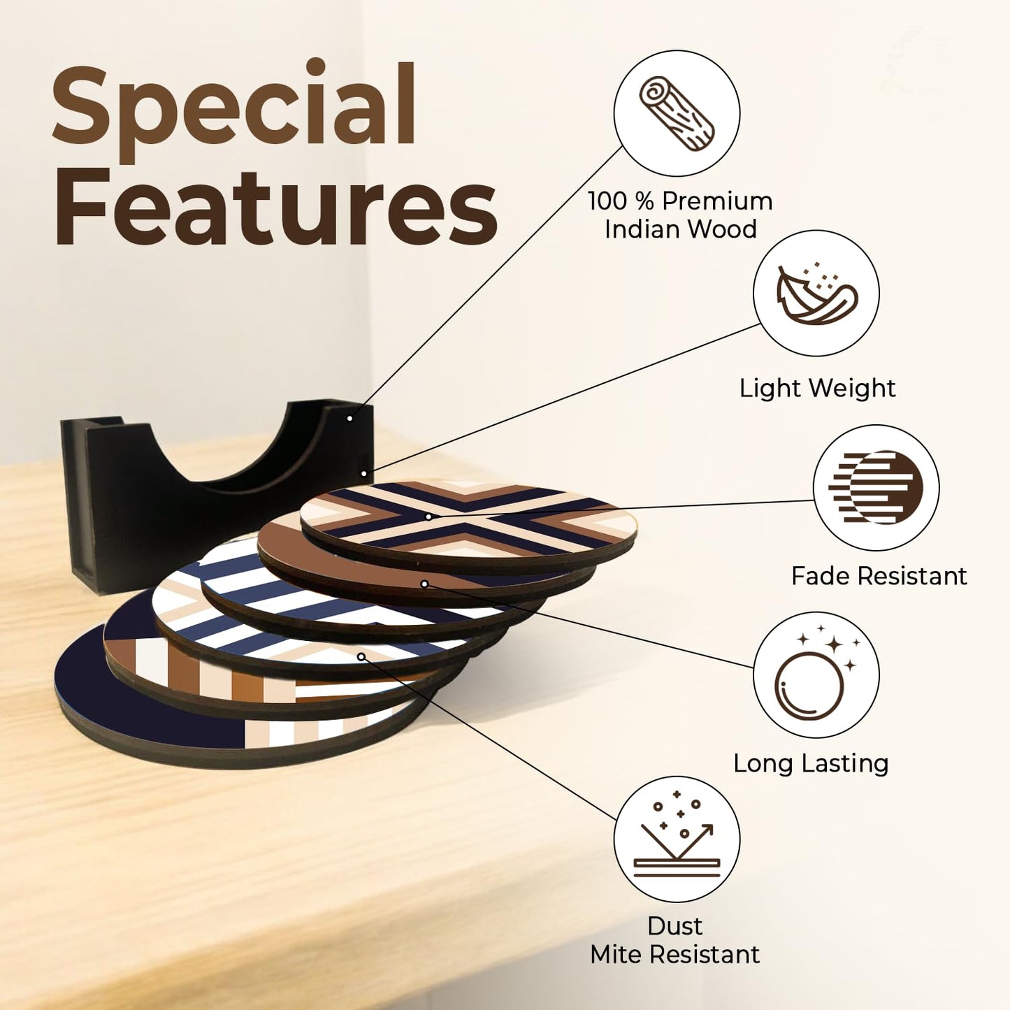 Elegant Chevron Design Wooden Tea Coasters Set of 6 with Stand | Coffee Mug & Glass Mats, Home Decor, Gifting