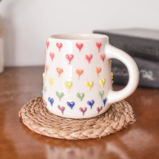 Rainbow Heart Ceramic Mug – Coffee & Tea Cup – Handmade Pottery – 260 ML