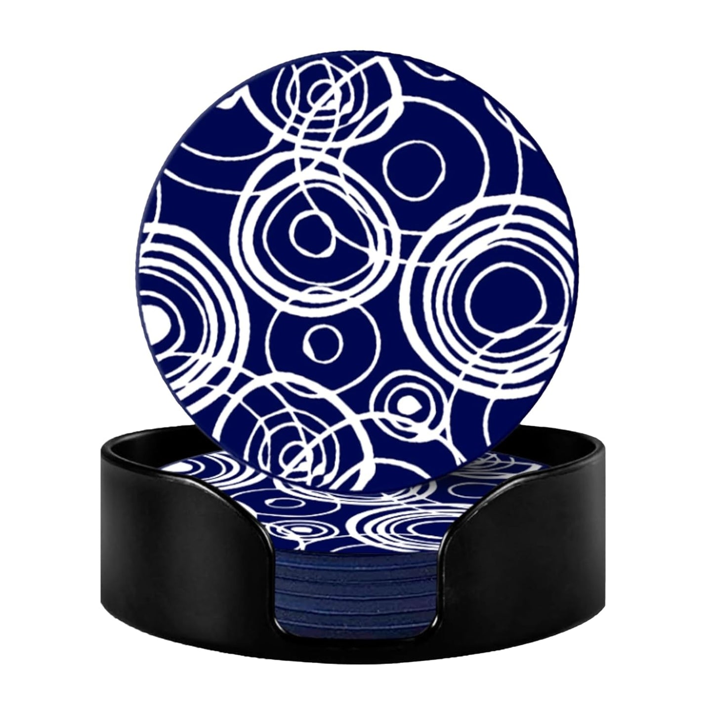 Navy White Silicone Coaster Set of 6 (10cm) with Holder | Dining Table Decor, Coffee Mugs, Glasses, Gifts for Women