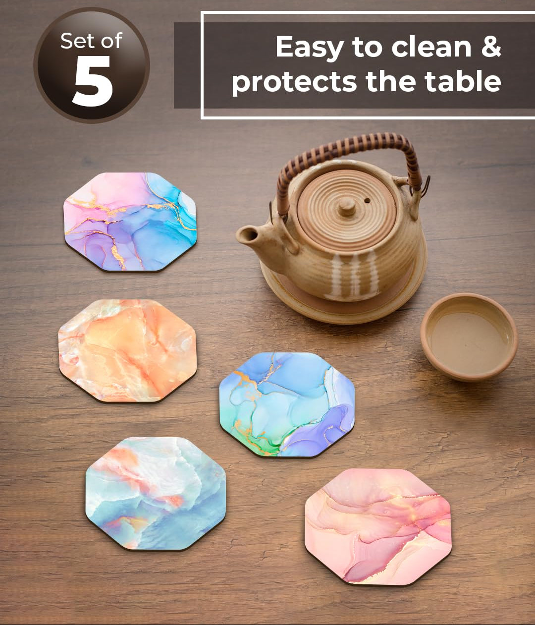 Premium Designer Printed Wooden Coasters for Tea Cups, Coffee Mugs & Glasses (3.5x3.5 Inch, Set of 5) | Home Decor & Gifts