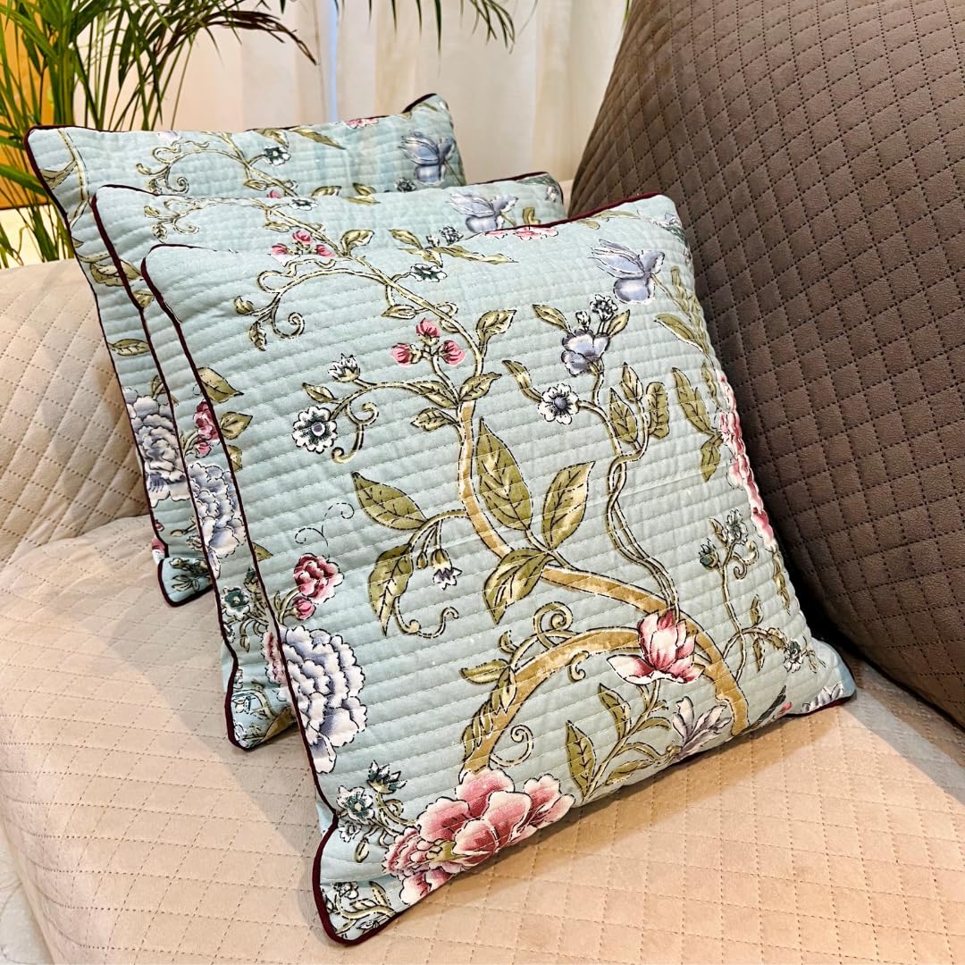 Decorative Floral Ethnic Pure Cotton Hand Block Printed Cushion Cover 16x16 inch, Set of 2 | Sofa Bed Chair Home Decor Gift