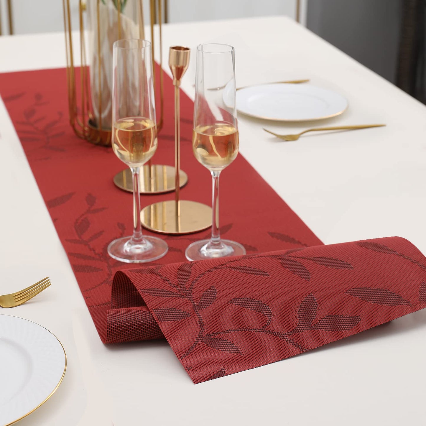 Red Floral Design Polyester Table Runner, 30x135 cm (1 Pc) | Easy Clean Dining & Coffee Table Decor