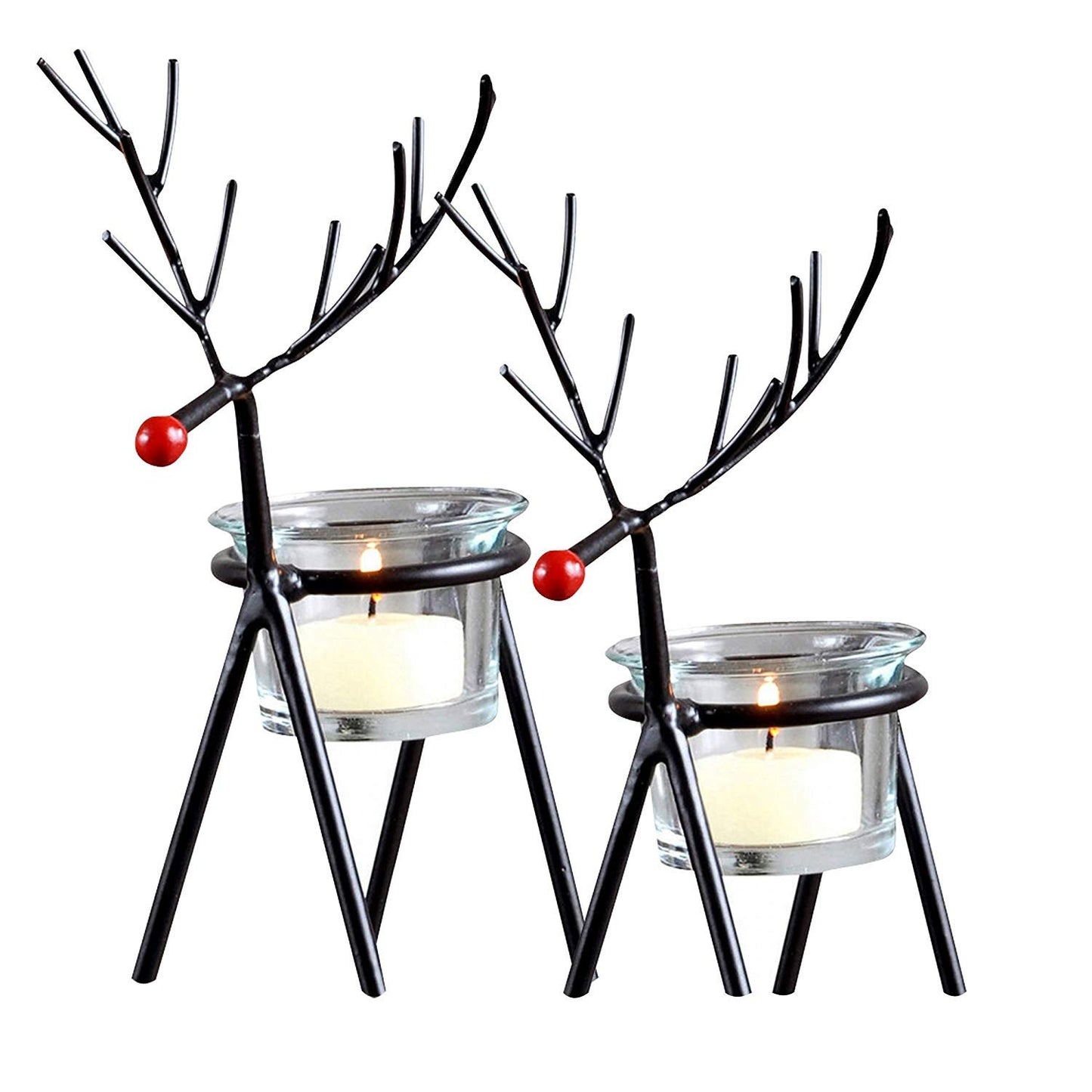 Elegant Christmas Reindeer Tealight Candle Holders, Iron with Glass | Set of 2 Festive Home Decor Gifts