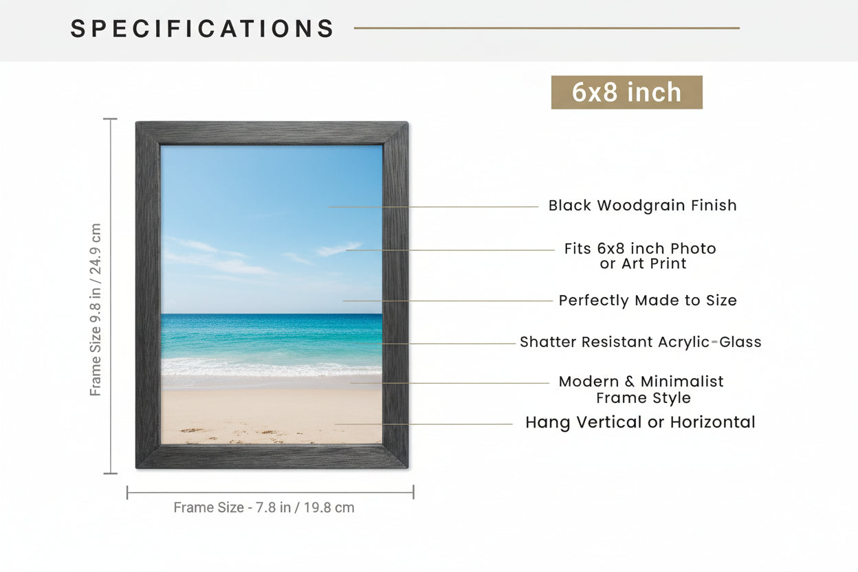 6x8 Photo Frame – Wooden Picture Frame – Black Woodgrain – Handcrafted