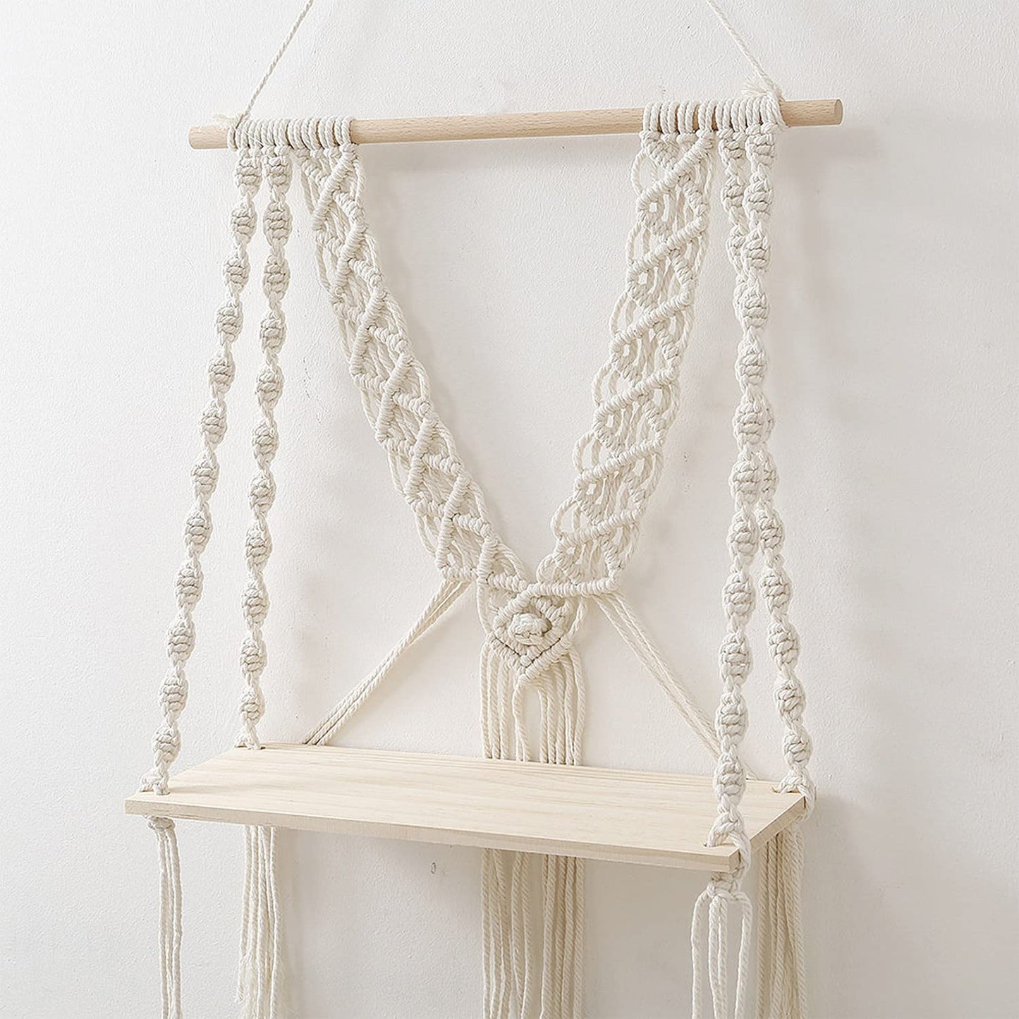 Artisan Macrame Shelf – Wall-Mounted – Eco-Friendly Cotton & Wood – 12x5 Inch Plank