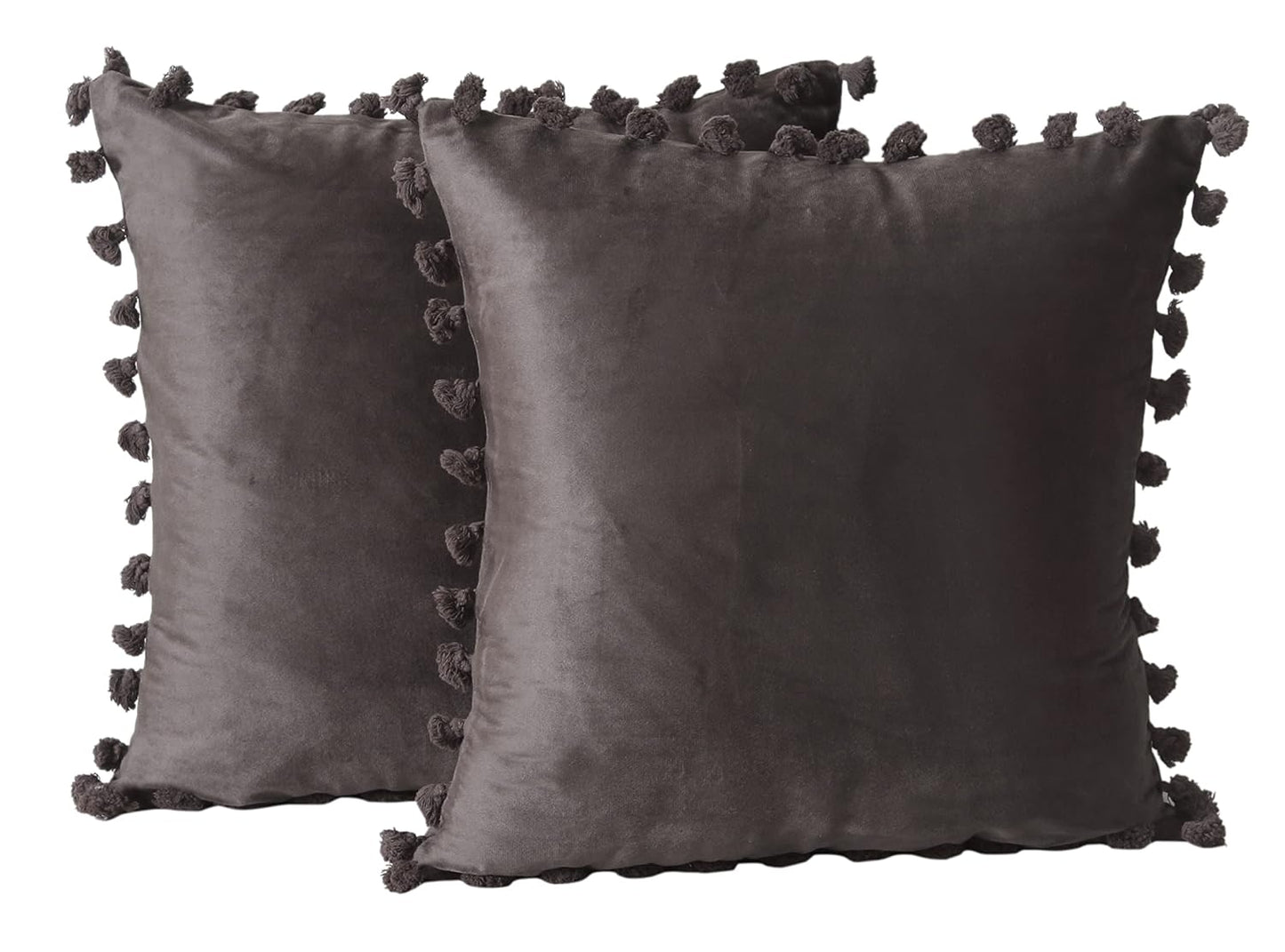 Decorative Velvet Tassel Fringe Throw Pillow Covers 12x12 Inch (2 Pc) | Soft Cushion for Sofa, Living Room, Home Décor
