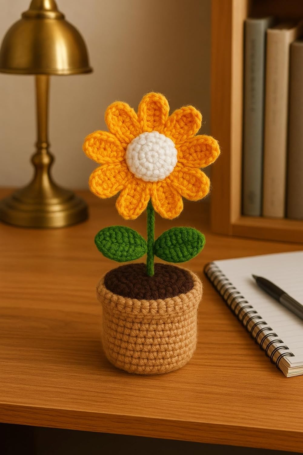 Decorative Crochet Daisy Pot – Faux Plant Display – Fade-Resistant Acrylic – 18cm Tabletop Decor
