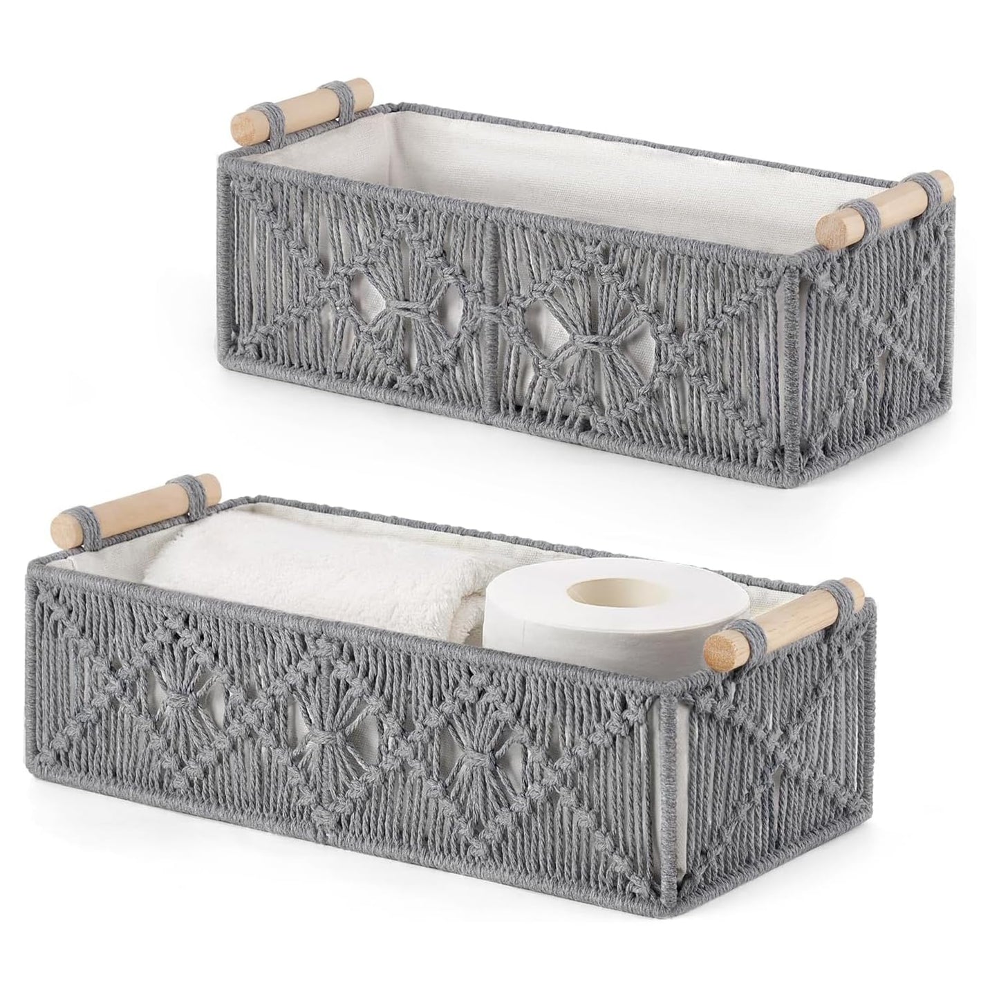 Woven Storage Baskets – Cotton Lined, Wood Handles – 2pc Set