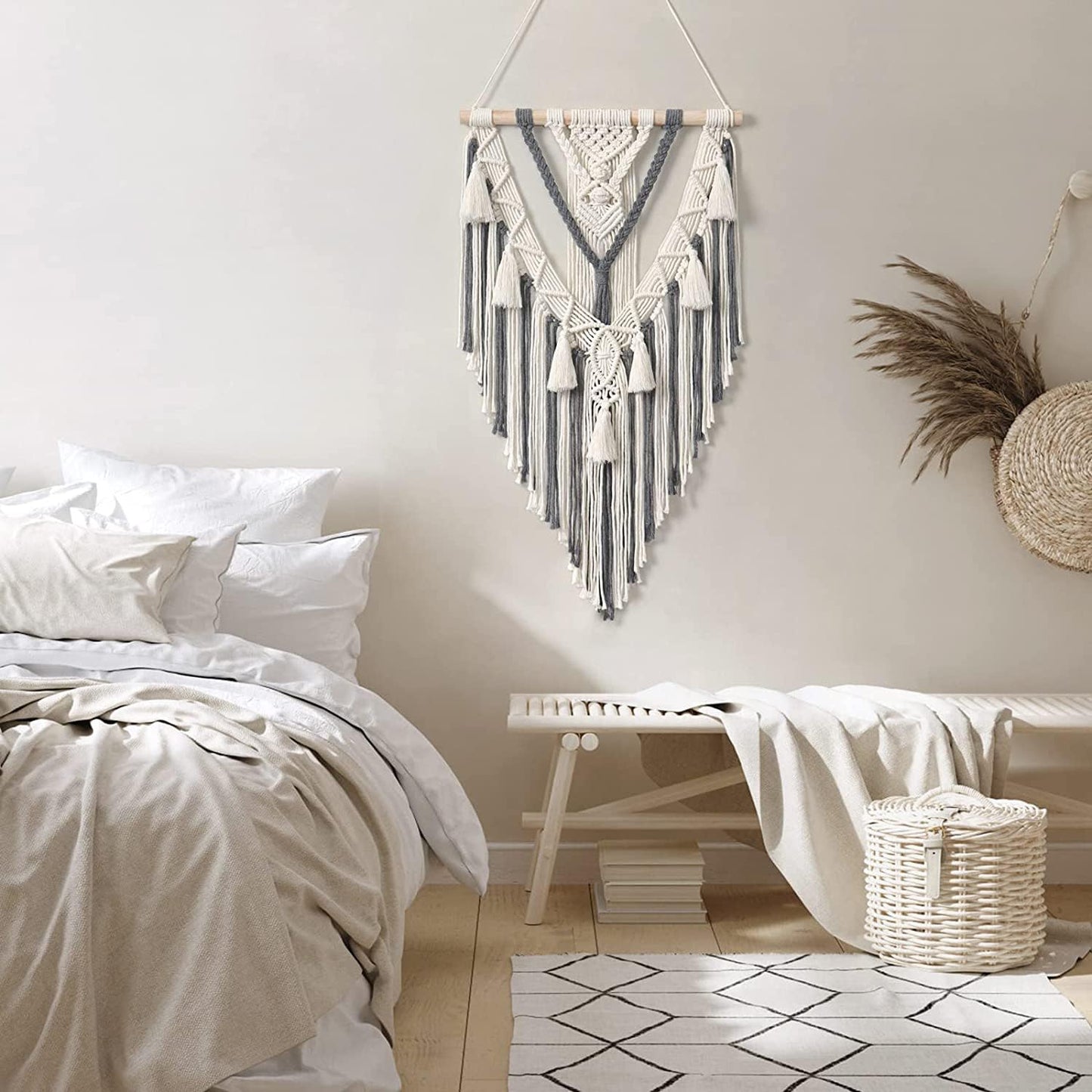 Macrame Wall Hanging – Decorative Accent – Natural Rope, Wood Dowel