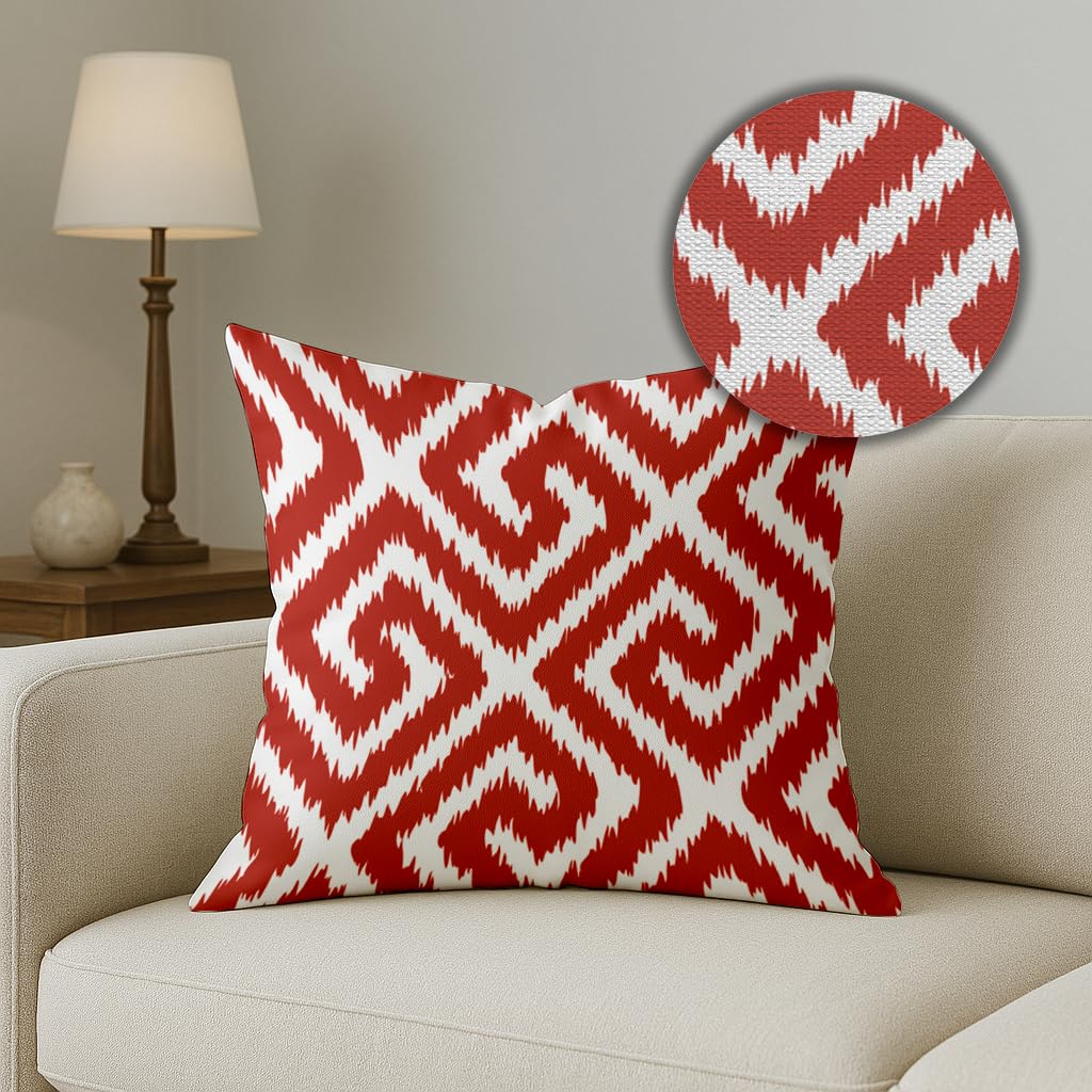 Set of 5 Polycotton Cushion Covers 16x16" - Red & White Ikat Geometric Print | Elegant Sofa Couch Living Room Decor