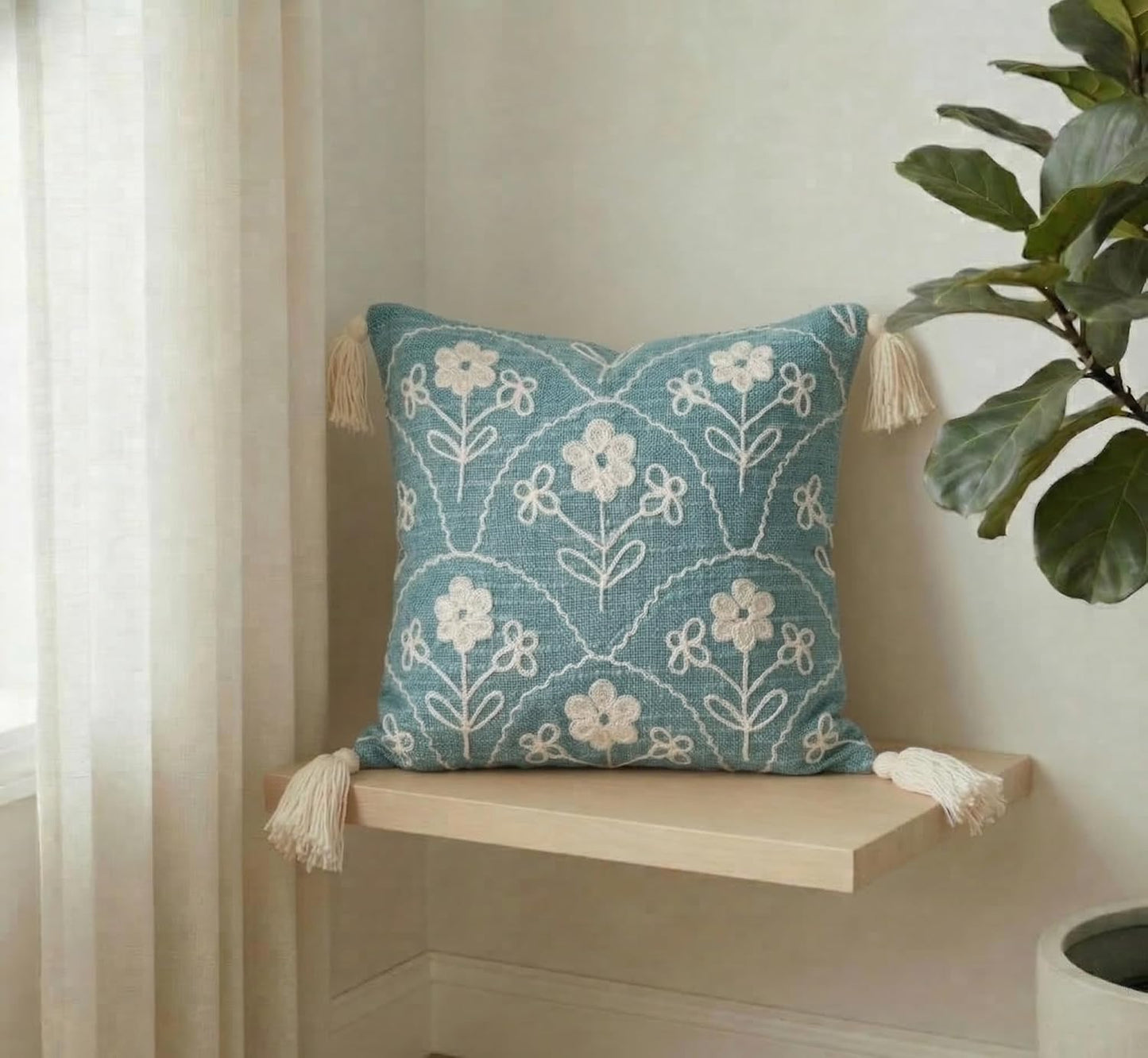 Boho Embroidered Cushion Cover – Decorative Pillow Case – Slub Cotton, Tasseled – 16x16 Inch (40x40 cm)