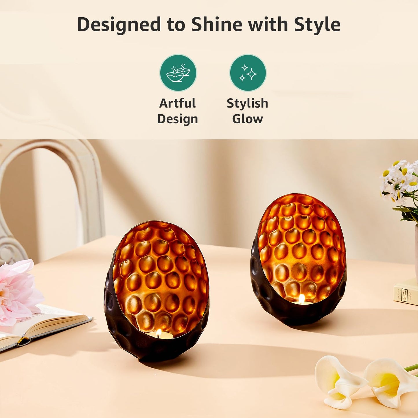 Elegant Oval Diamond Black Iron Gold Handcrafted Tea Light Votive Holders Set of 2 | Candle Holder, Home Decor, Diwali, Christmas