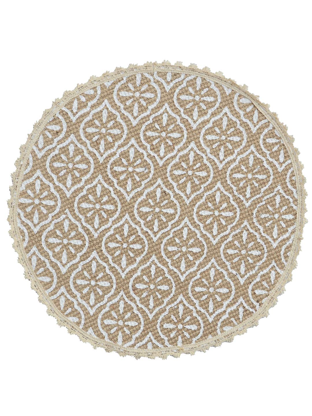 White Jute & Cotton Printed Round Table Mats - Pack of 4, 38x38 cm | Dining Placemats, Home Decor