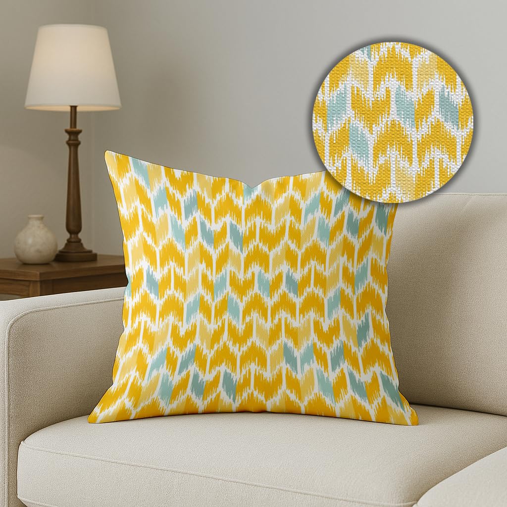 Vibrant Yellow Aqua Ikat Geometric Polycotton Cushion Covers Set of 5 (16x16) | Sofa Couch Living Room Decor