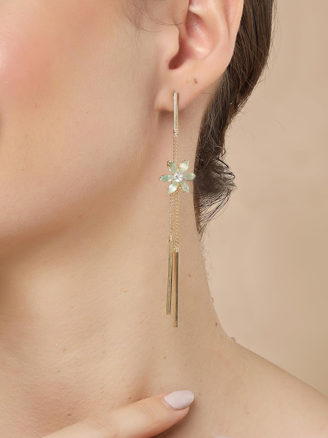 Contemporary Sea Green Drop Earrings – Gold-Plated Fashion Jewellery – Retail Pack