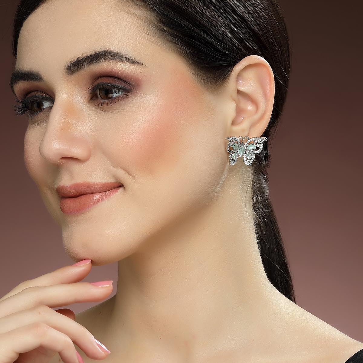 Butterfly Design American Diamond Earrings – Women's Fashion Jewellery – Silver Plated – Lime Green Accent