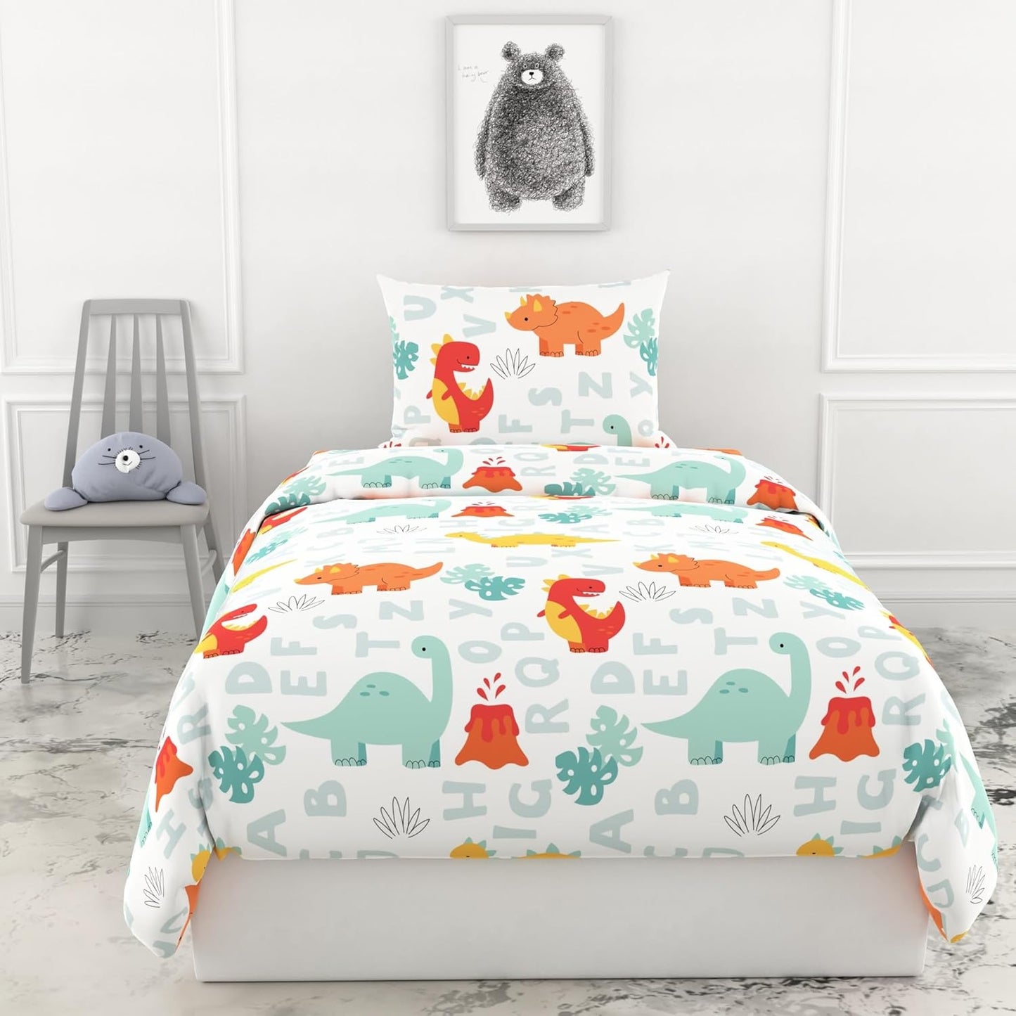 Single Bed Sheet Set - 100% Cotton 144TC - Kids' Alphabet Dino Print