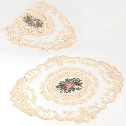 Vintage Lace Handmade Embroidered Round Table Mats (2 Pcs) - Elegant Cotton Dining & Study Table Cloth (Beige)