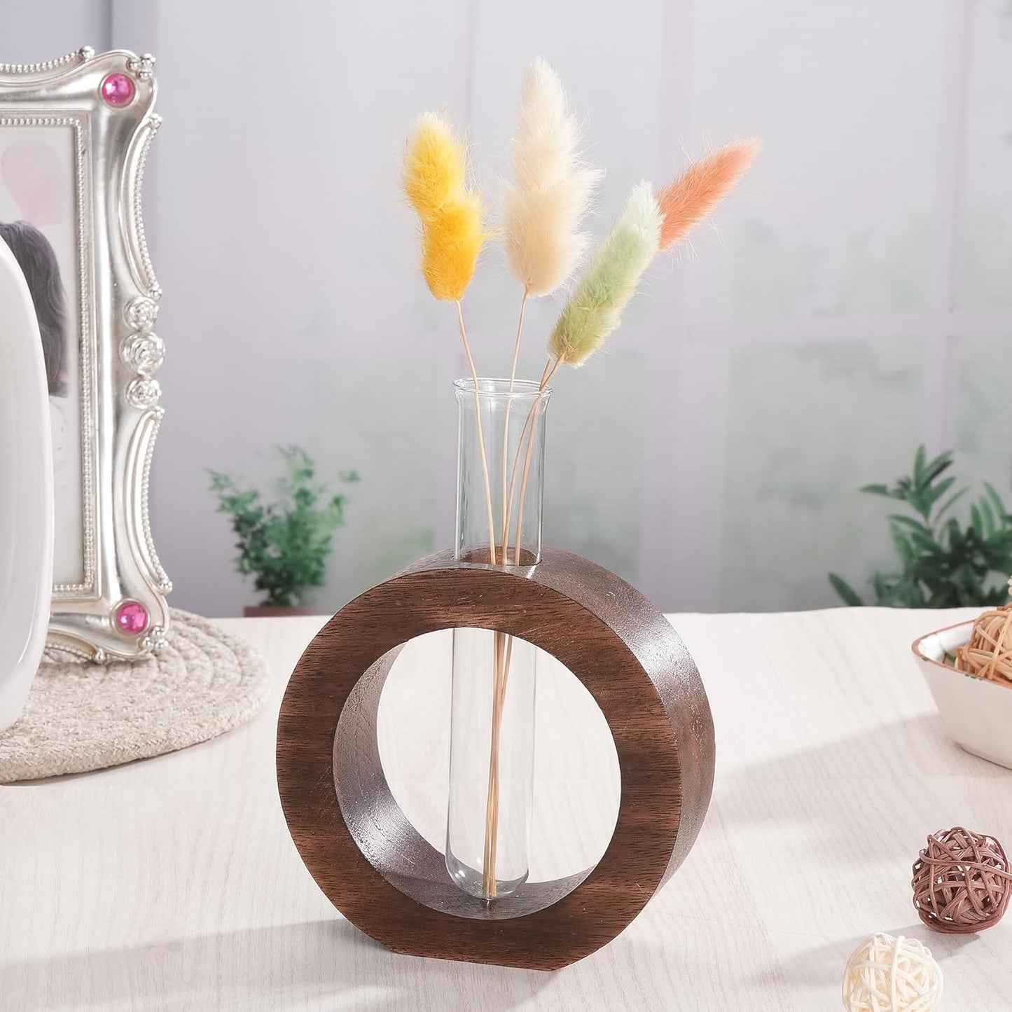 Decorative Glass Test Tube Vase with Donut Wooden Holder, Brown | Plant Propagation Station, Home Office Decor Gift