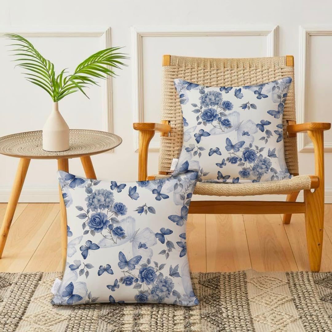 Decorative Butterfly Print Soft 180 GSM Cushion Covers 16x16 Inch Set of 2 | Sofa Bed Chair Home Decor Gift, Hand Block Printed