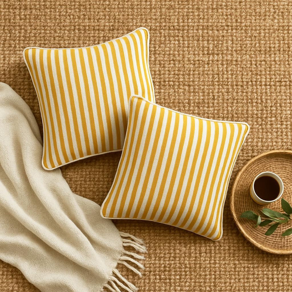 Decorative Cushion Covers – Striped Design – 100% Cotton – 16x16 in Set of 2