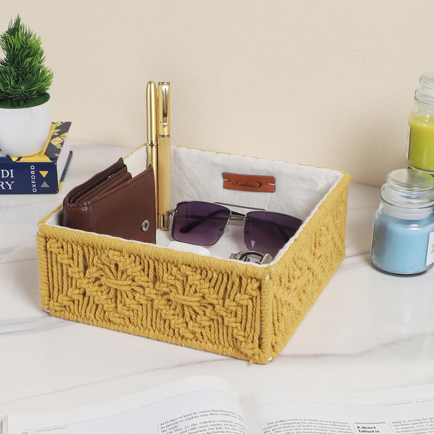 Mustard Woven Cotton Basket – Sustainable Handcrafted – 8x8x3 Inch