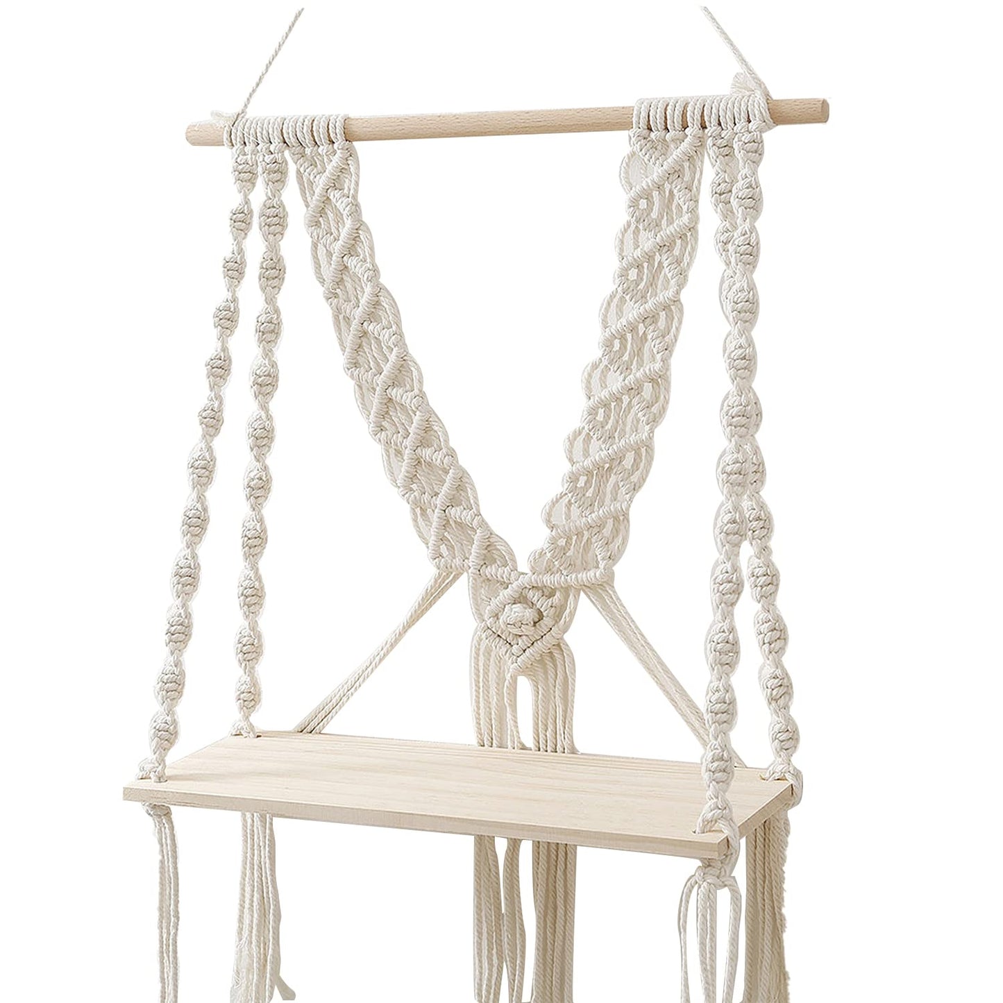 Artisan Macrame Shelf – Wall-Mounted – Eco-Friendly Cotton & Wood – 12x5 Inch Plank