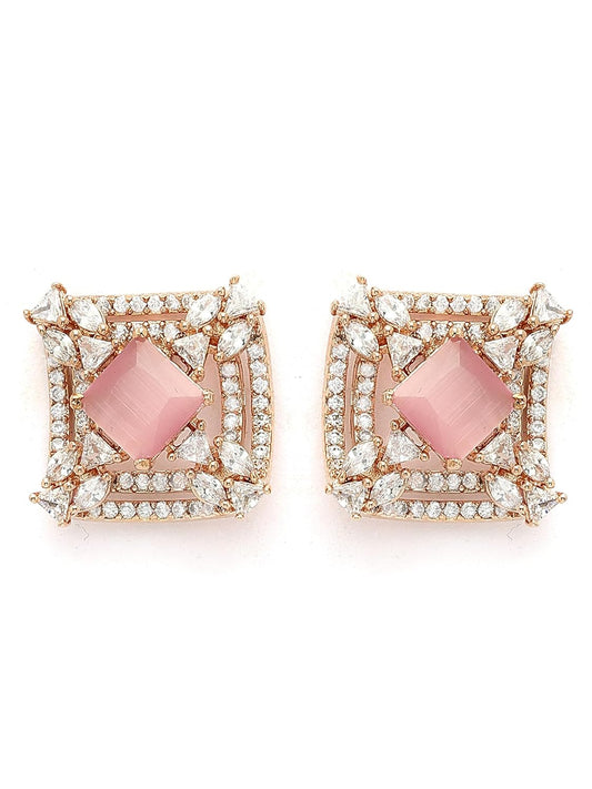 Rose Gold Plated Pink American Diamond Stud Earrings – Hypoallergenic Jewellery – Standard Pair