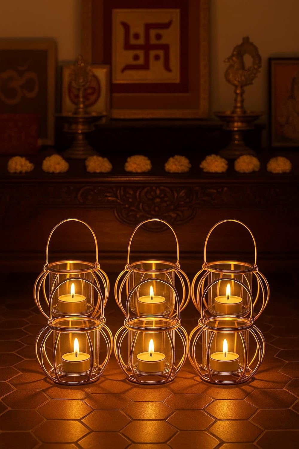 Elegant Gold Glass Hanging Diya & Tea Light Lantern | Diwali Decor, Home Gift