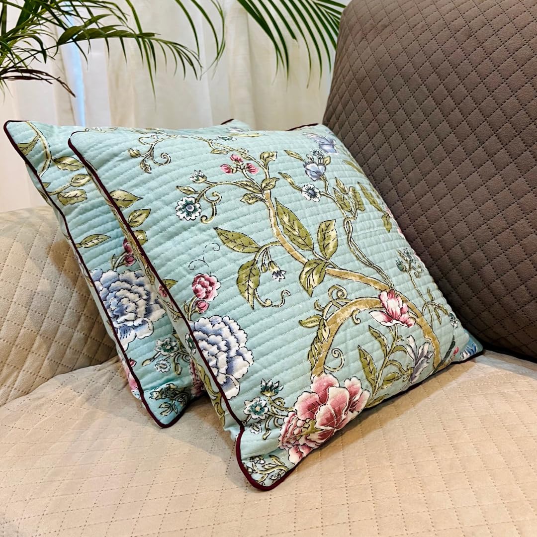 Decorative Floral Ethnic Pure Cotton Hand Block Printed Cushion Cover 16x16 inch, Set of 2 | Sofa Bed Chair Home Decor Gift