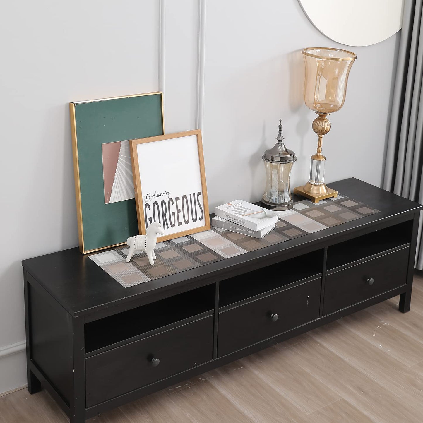 Black and White Grid Design Polyester Blend Table Runner 30x135 cm | Dining Coffee Centre Table Mat Washable